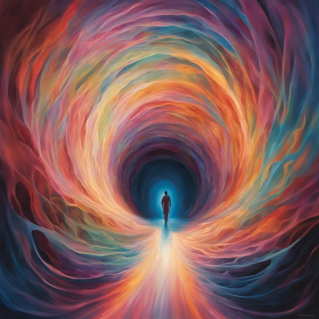 La vie après la vie — Sophie St-Hilaire Silhouette au bout d'un tunnel de lumière aux couleurs tourbillonnantes