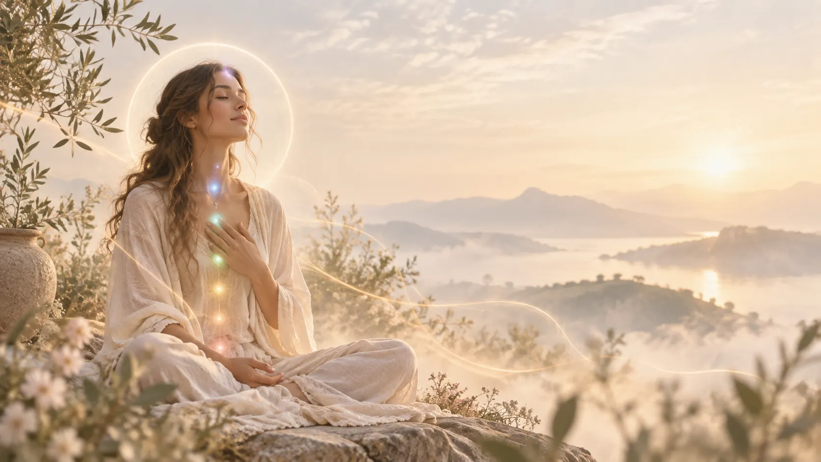 Lumière intérieure — Sophie St-Hilaire Femme en méditation baignée d'une lumière dorée au lever du soleil